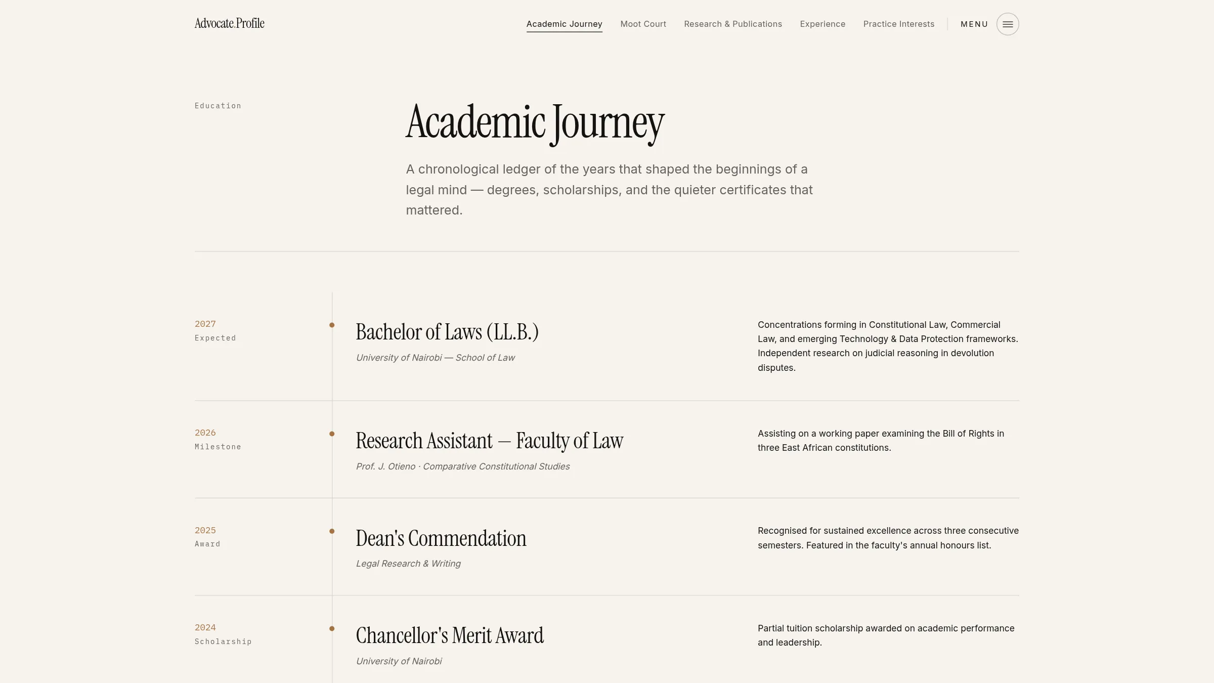 Advocate Dossier academic journey section
