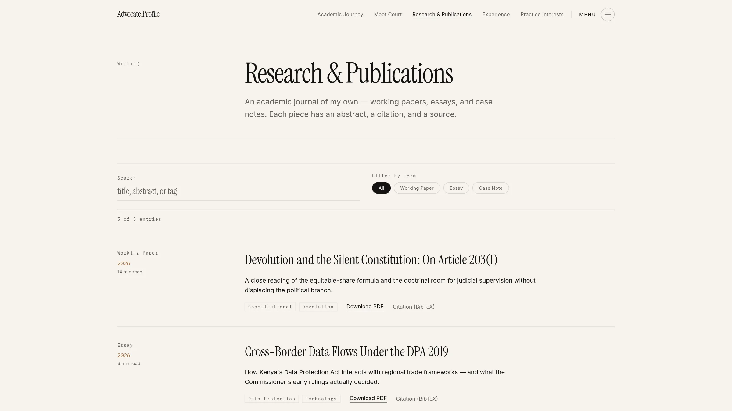Advocate Dossier research and publications section