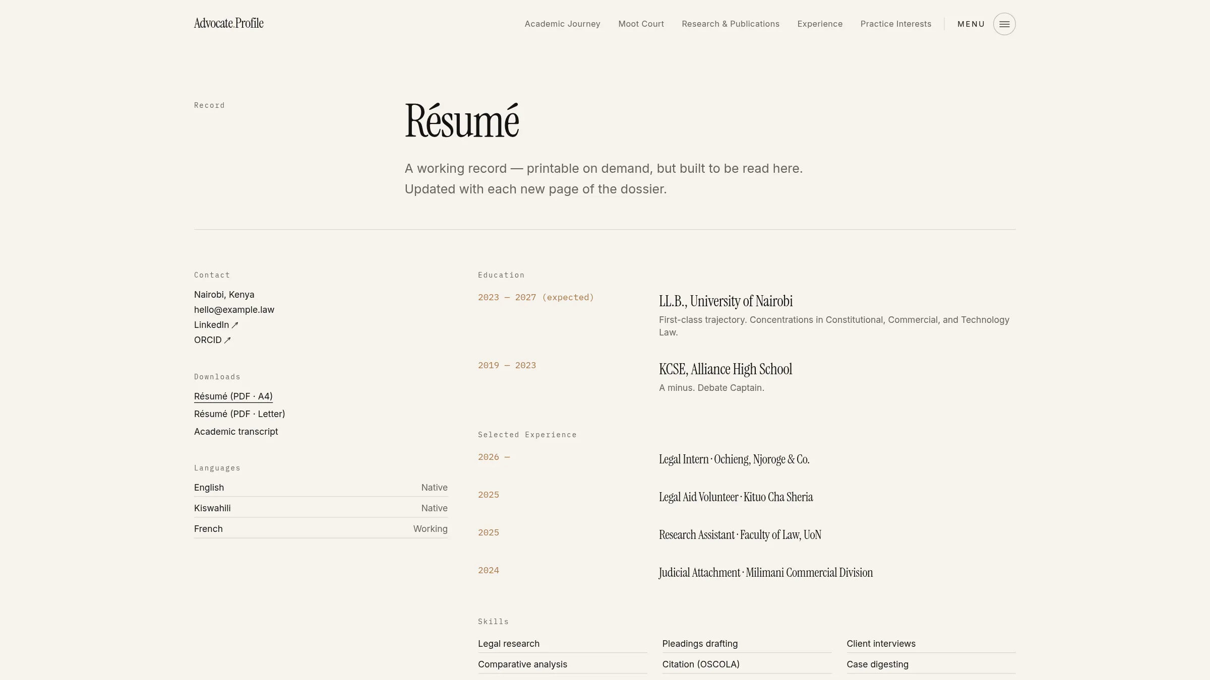 Advocate Dossier interactive resume section