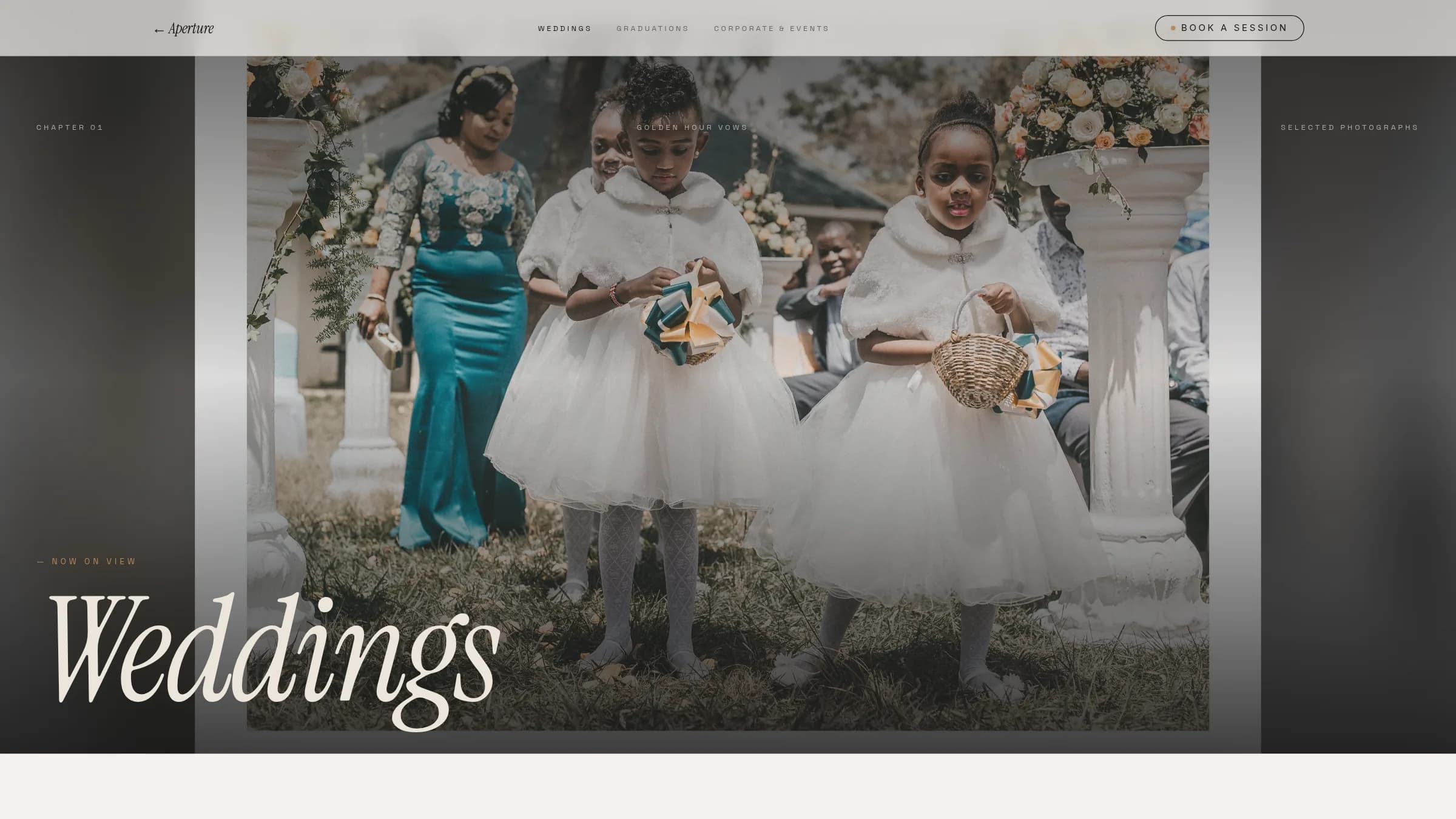 Aperture weddings chapter with an oversized serif title over a photograph