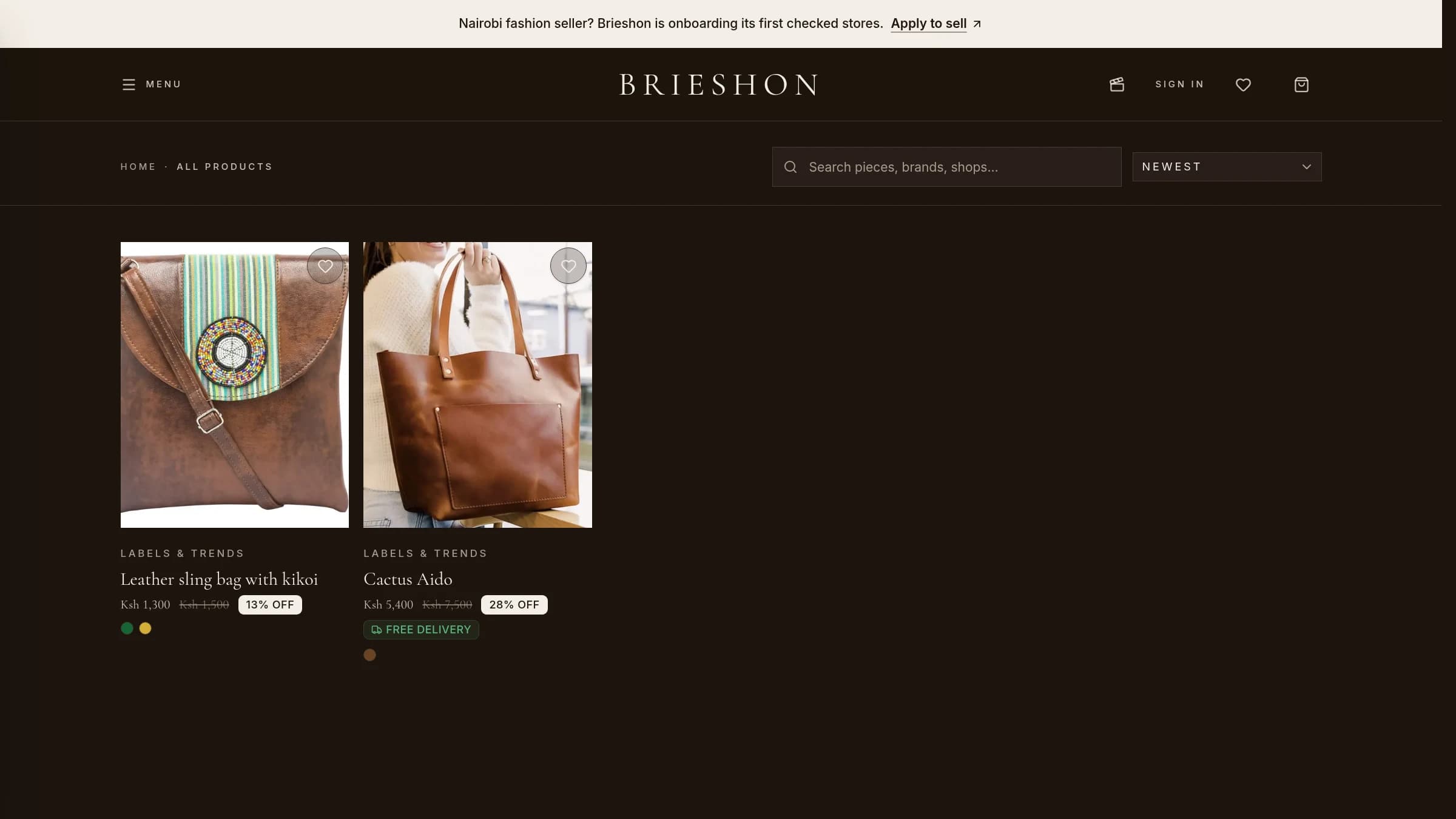 Brieshon collection listing with products and filters