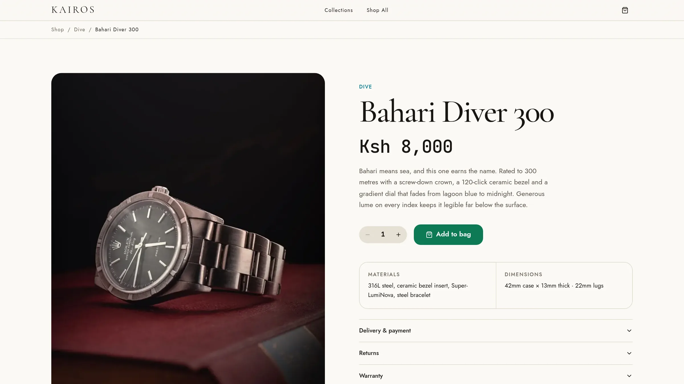 Kairos product detail page for a dive watch
