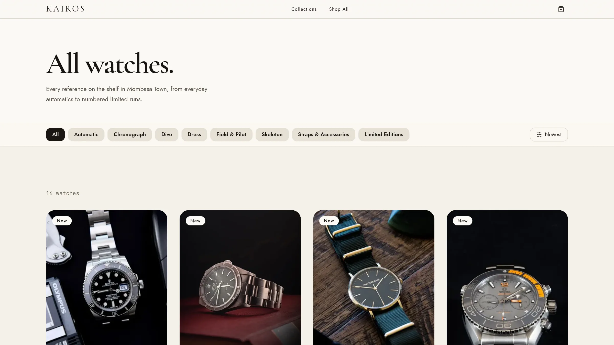 Kairos collection listing showing watch references