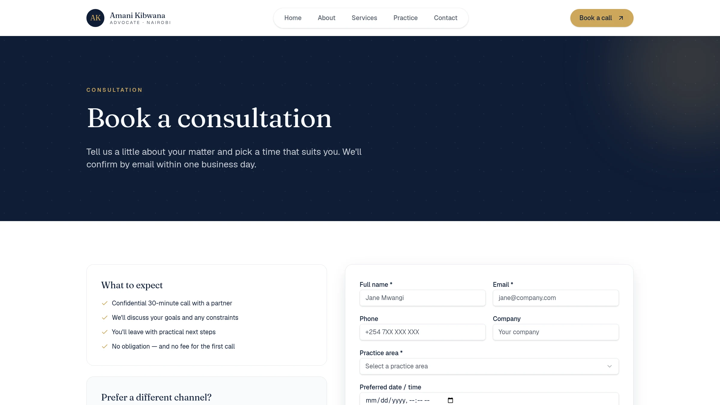 Amani Kibwana consultation booking page
