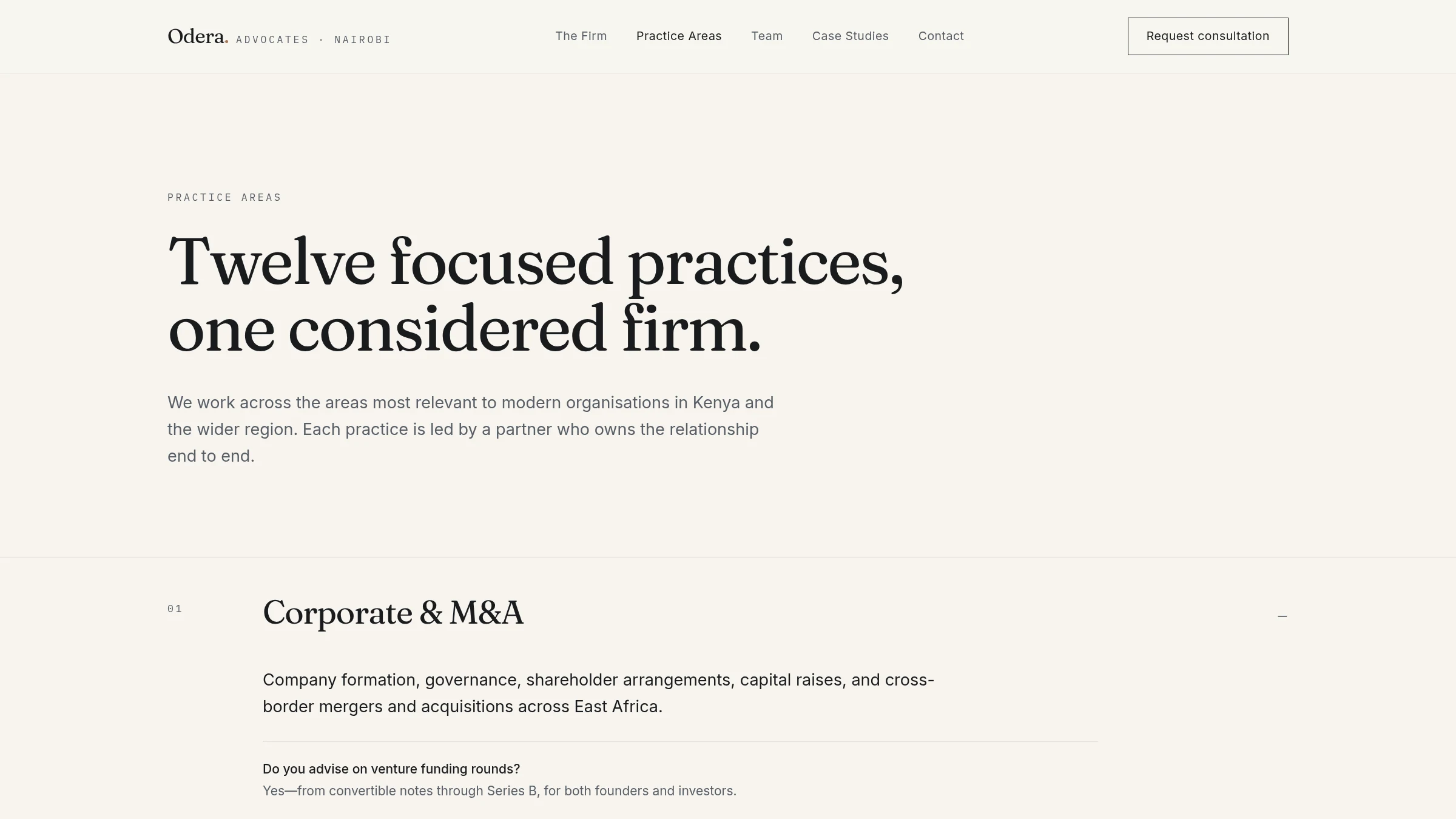 Odera and Partners structured practice areas page
