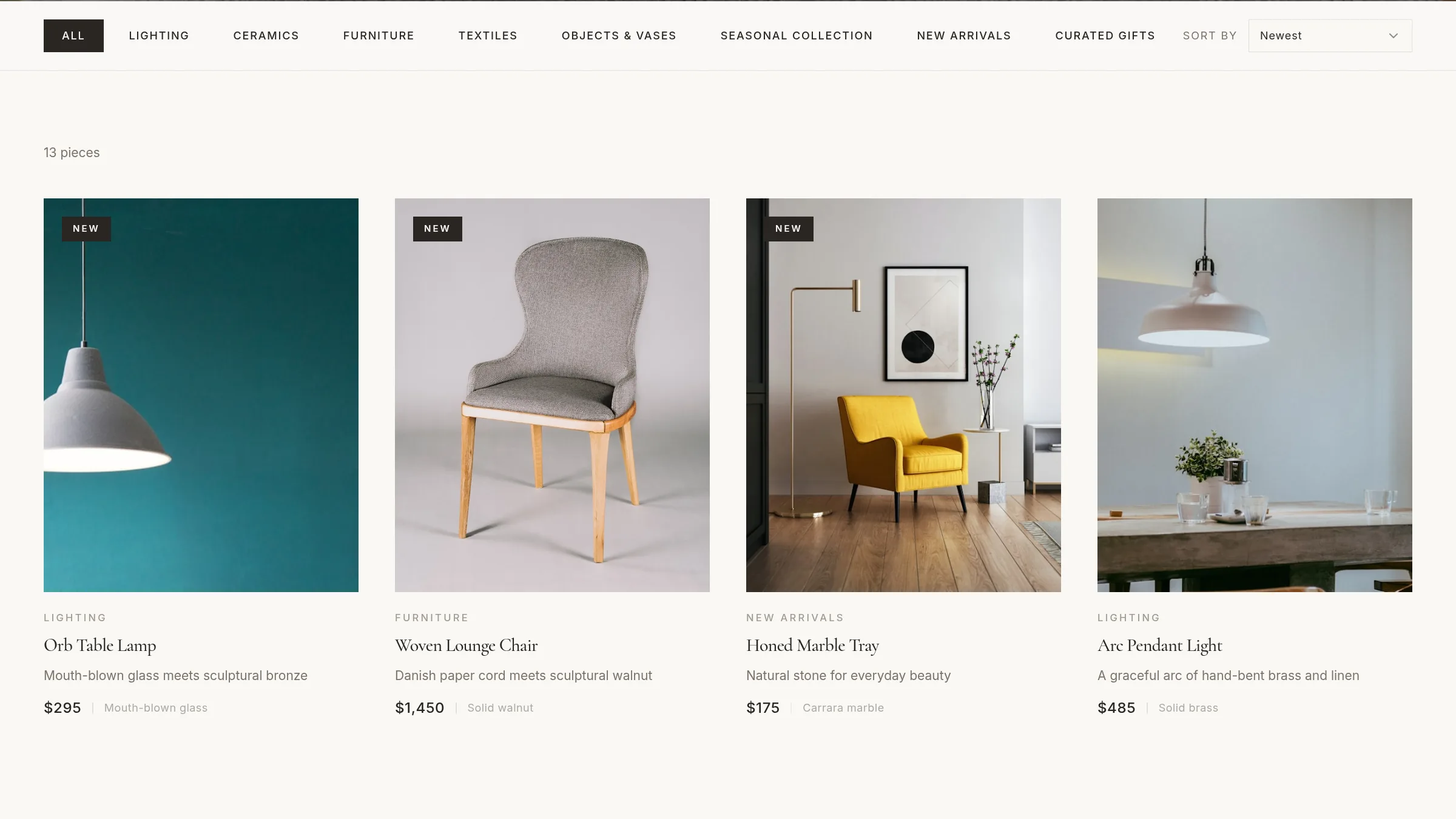 Rowan & Ash shop listing with collection filters and product cards